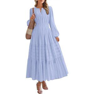 Women Light Blue Long Sleeve V Neck Elastic Waist Lightweight Maxi Dress Pockets